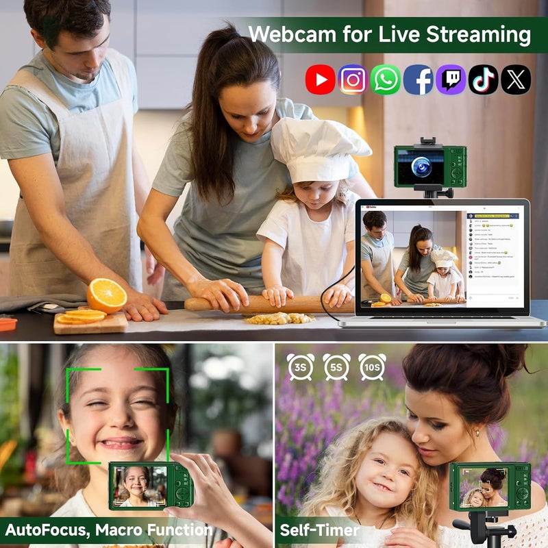 SMARTKLIK Digital Camera, FHD 4K 44MP Autofocus Compact Digital Cameras for Teens, Green Point and Shoot Camera for Kids with 16X Zoom, 64GB SD Card, Small Digital Camera for Boys Girls Teens Kids Gift - Image 5